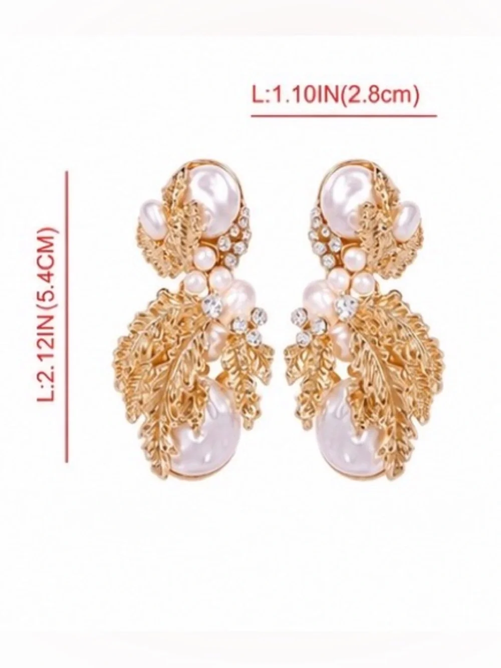 Gold Pearl Leaf Statement Earrings | Vintage Botanical Crystal Drop Earrings
